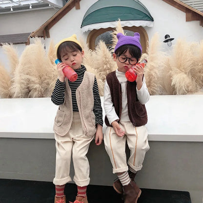 Child wearing a high-quality lambswool vest, designed for warmth and comfort in winter children's fashion.