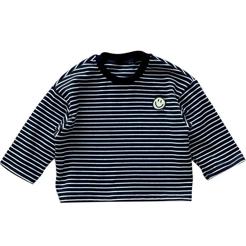 Stylish unisex long sleeve cotton shirt for toddlers, combining comfort with a timeless striped pattern.