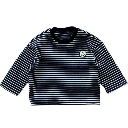 Stylish unisex long sleeve cotton shirt for toddlers, combining comfort with a timeless striped pattern.