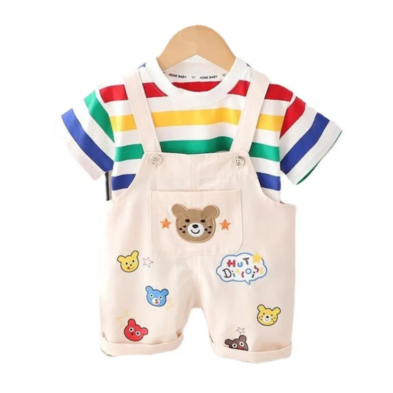 Toddler in blue and white striped overalls set, perfect for summer playwear.