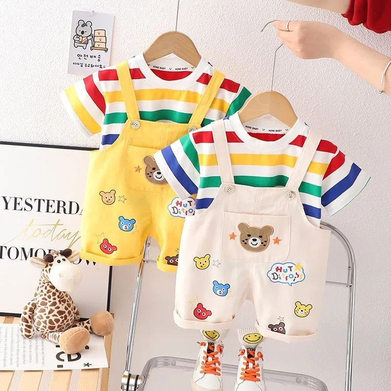 Unisex kids' cotton striped t-shirt and overall set for comfortable summer fashion.