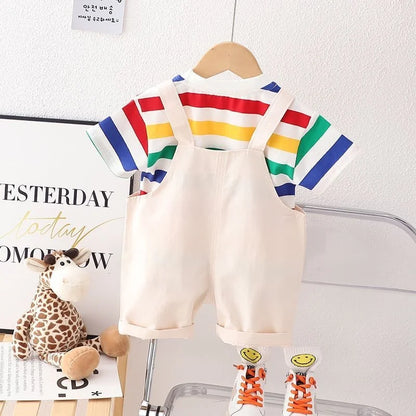 Kids' casual wear: blue striped short overalls set with white tee, comfortable design.