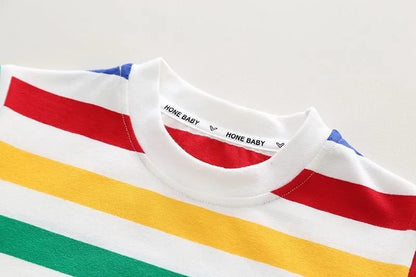 Summer set for kids: adorable striped playwear overalls with a simple, solid t-shirt.