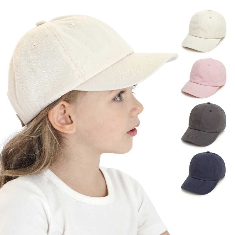 Kids outdoor cotton baseball cap in red, side profile, soft fabric for comfort