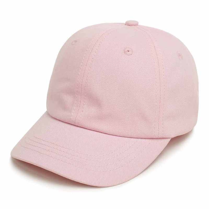Stacked cotton baseball caps for toddlers, showing different sizes, infant headwear