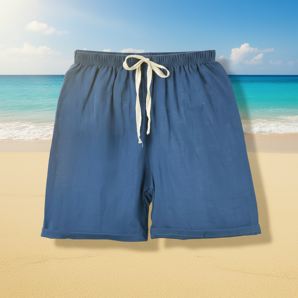 Stack of folded cotton-linen shorts in various colors, ready for summer. Children's clothing.