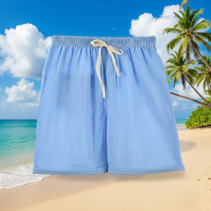 Child's hand reaching for vibrant purple cotton-linen shorts, perfect for summer adventures.