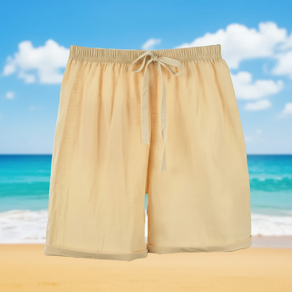 Model wearing white cotton-linen shorts with a t-shirt, casual and cool for summer kids.