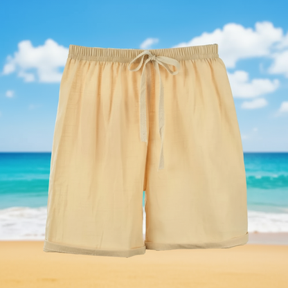 Model wearing white cotton-linen shorts with a t-shirt, casual and cool for summer kids.