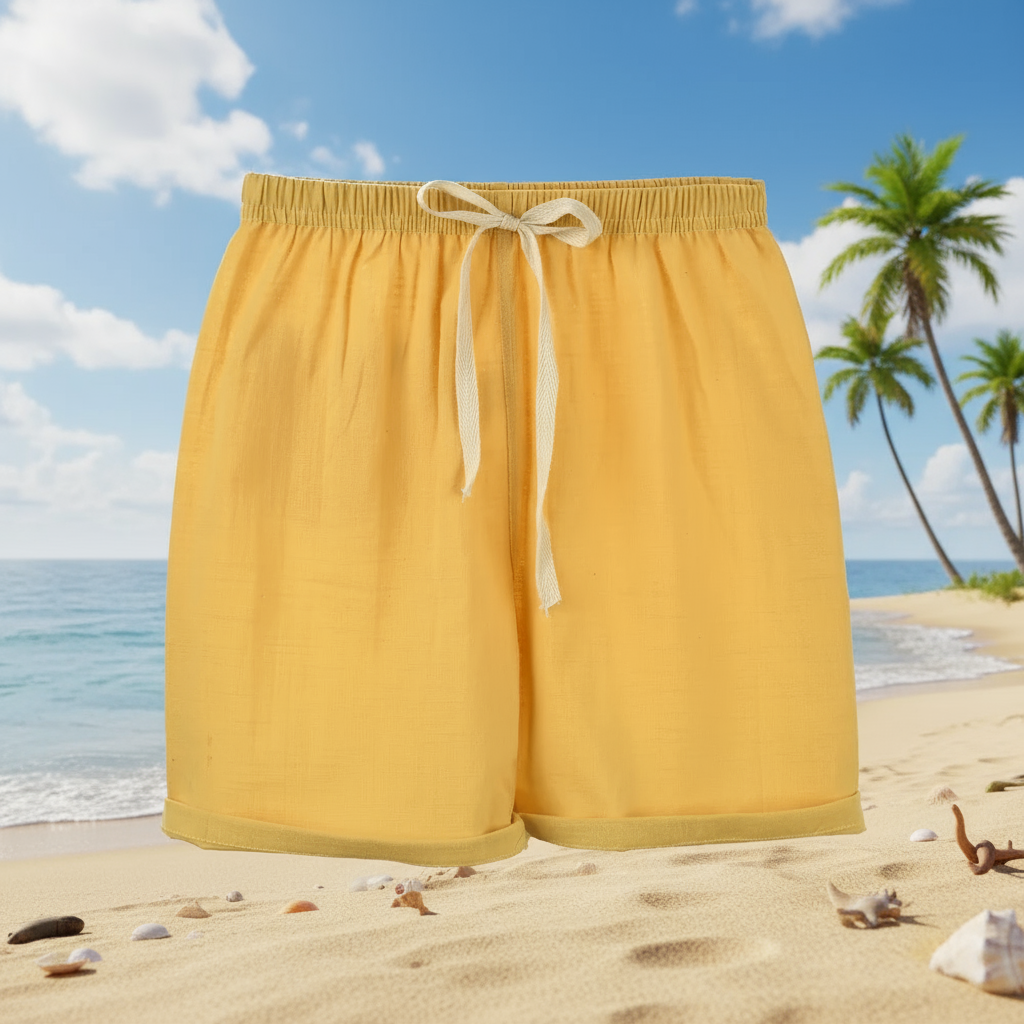 Assorted children's cotton-linen shorts hanging, showcasing summer wear and youth fashion.