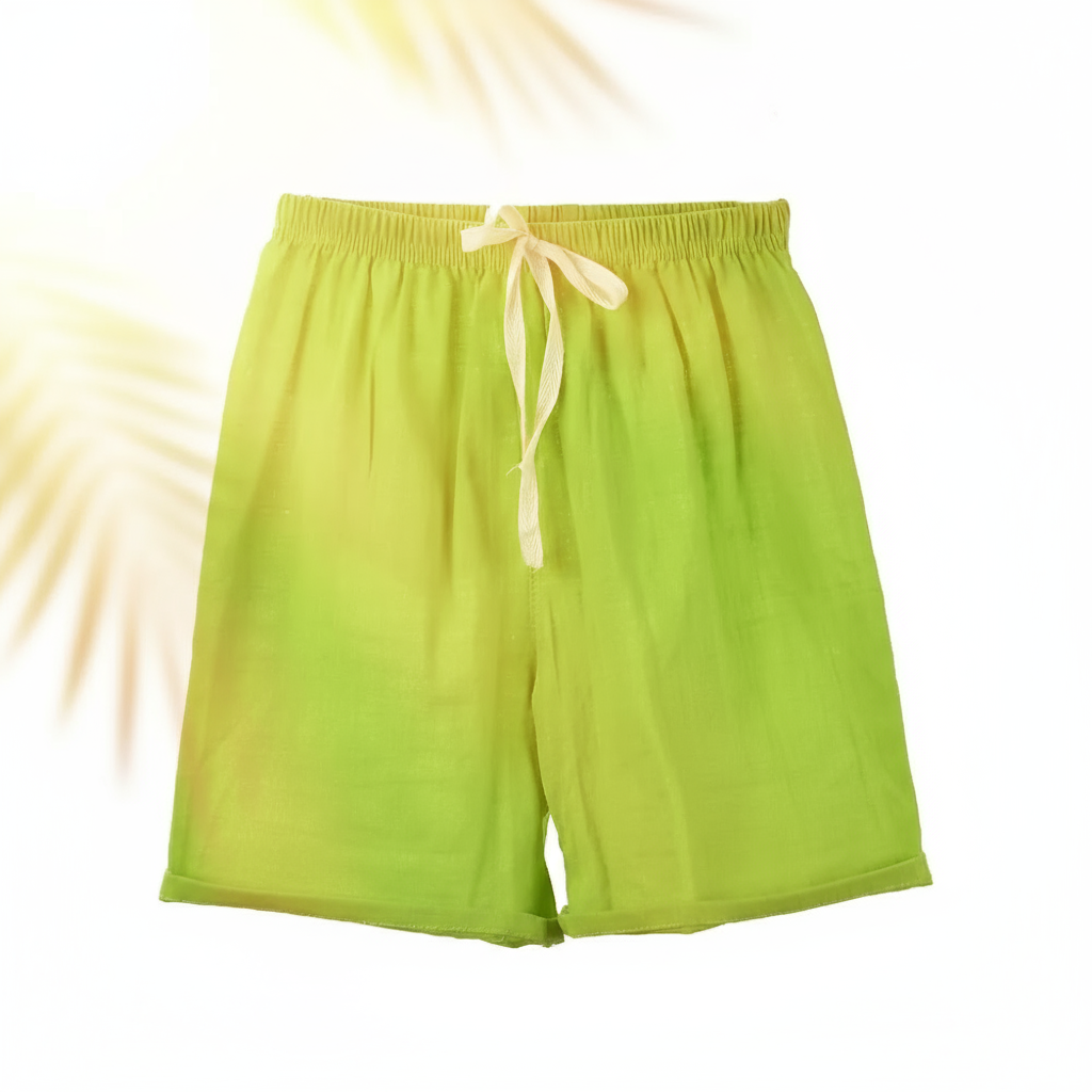 Pink cotton-linen shorts for girls, elastic waist, stylish and breathable for summer.