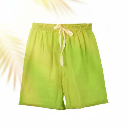 Pink cotton-linen shorts for girls, elastic waist, stylish and breathable for summer.