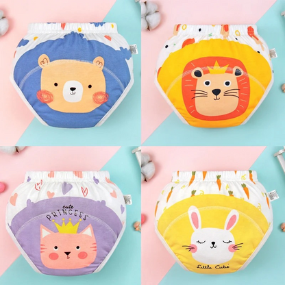 Stack of colorful kids' cotton training underwear, ideal for toddler potty training.