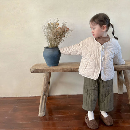 Set of elastic waist cotton harem pants shown with different patterns for diverse toddler styles.