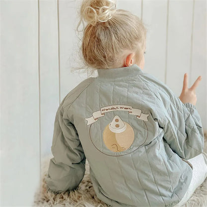 Unisex kids' winter jacket, orange, cotton padded, displayed on a hanger. Ready-to-wear toddler coat.