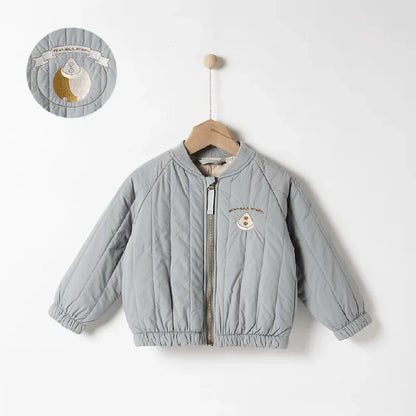 Kids' warm winter jacket, black, cotton padded, with front pockets. Practical toddler coat for essentials.