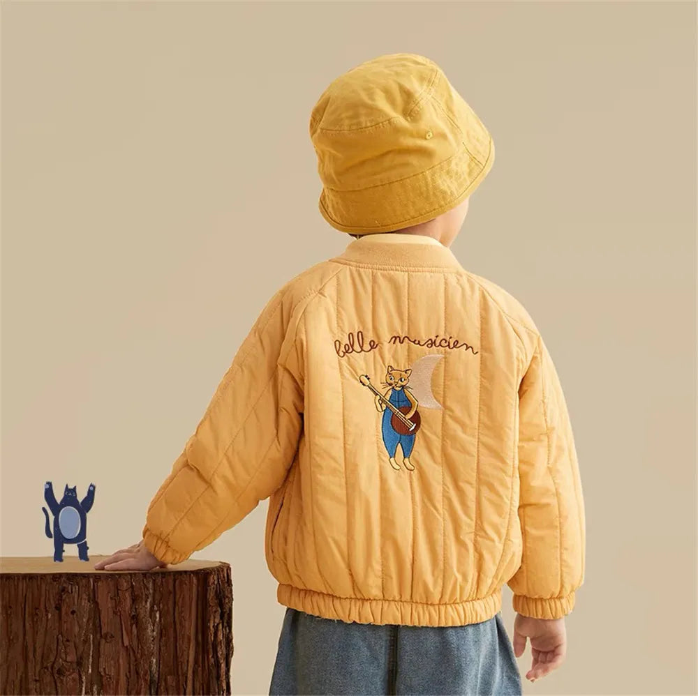 Unisex kids' winter jacket, blue, cotton padded, with hood up. Perfect cozy outerwear for toddlers.