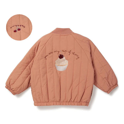 Back view of a child wearing a warm cotton padded jacket, grey, for winter. Durable toddler coat.