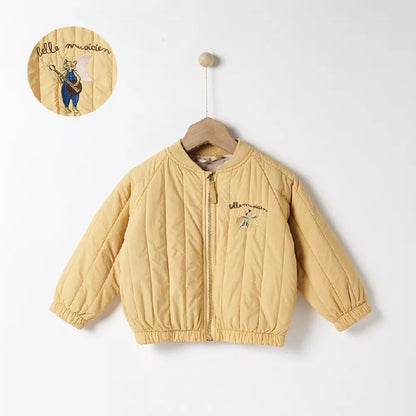 Close-up of the zipper on a kids' warm winter jacket. Secure cotton padded coat for toddlers.