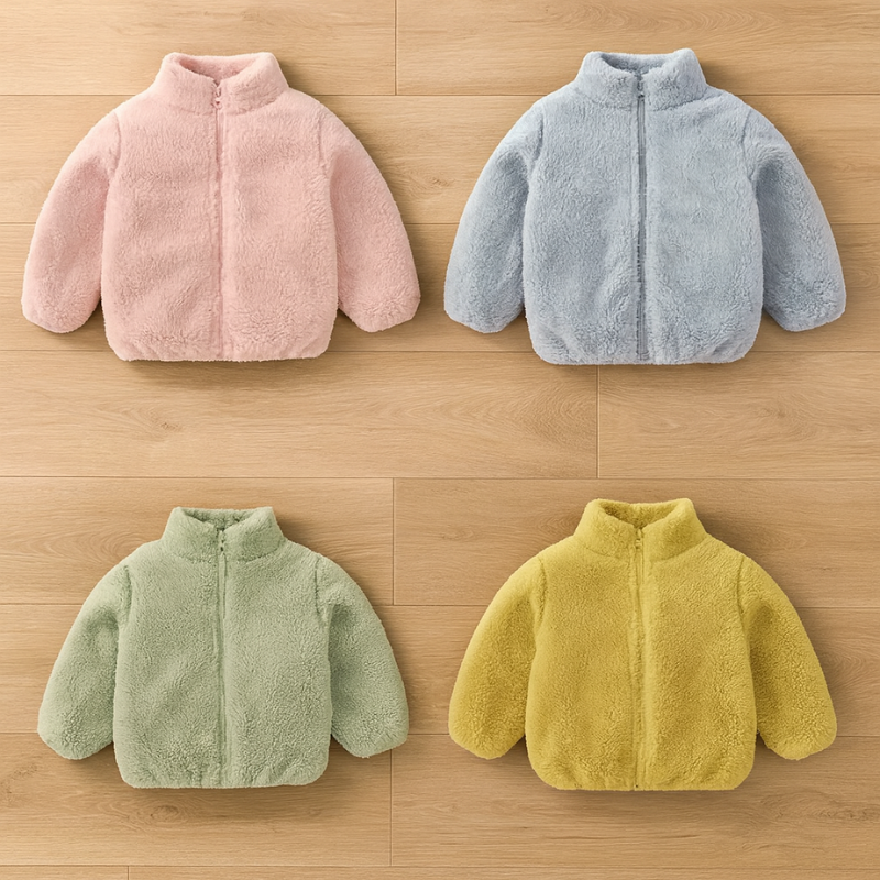 Toddler in cozy Plush Fleece Winter Jacket with Hood, perfect for cold weather play.