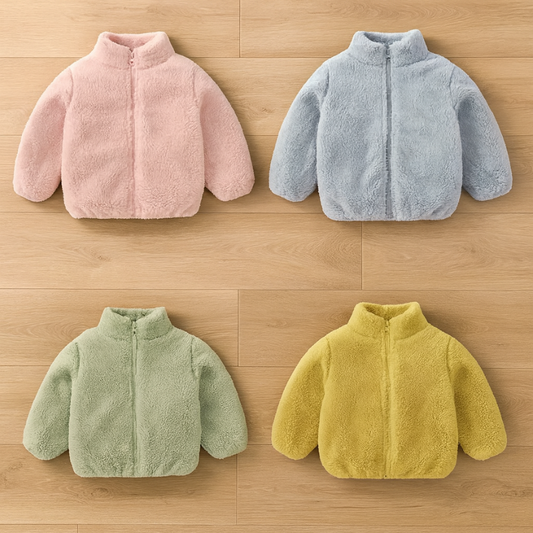 Toddler in cozy Plush Fleece Winter Jacket with Hood, perfect for cold weather play.