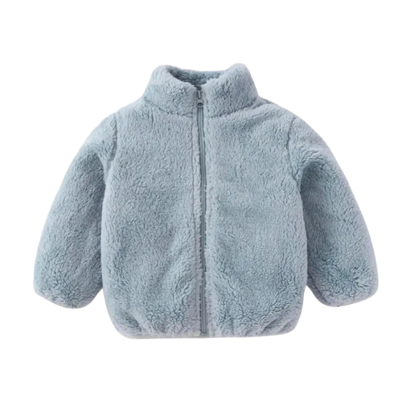 Close-up of Plush Fleece Winter Jacket with Hood, showcasing texture and warmth for kids.