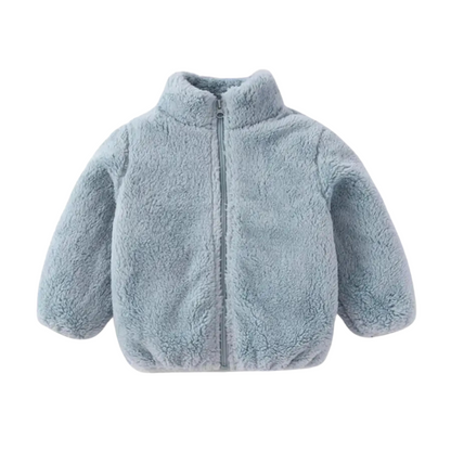 Close-up of Plush Fleece Winter Jacket with Hood, showcasing texture and warmth for kids.