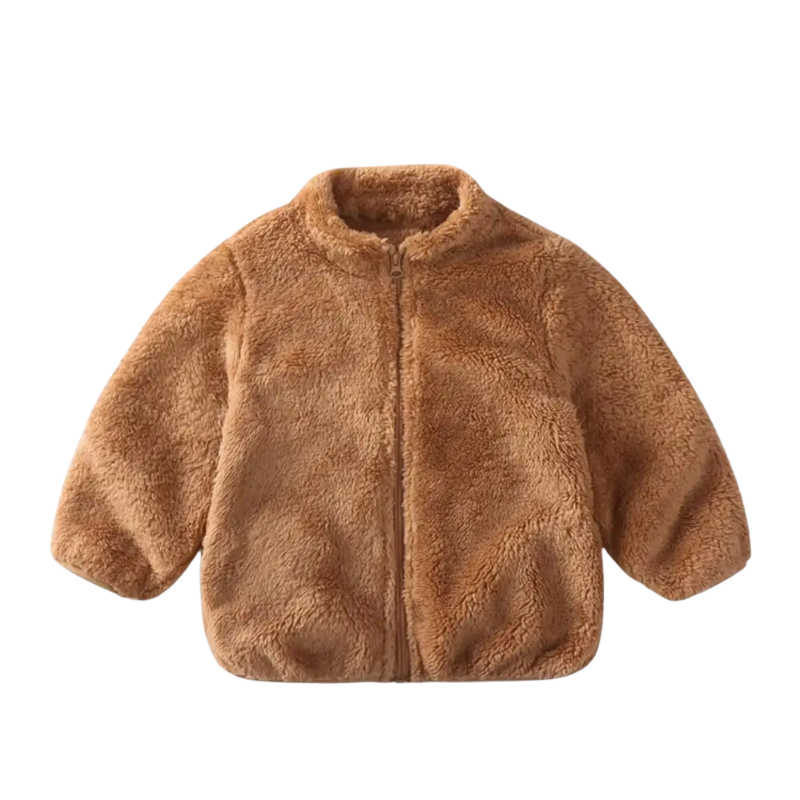Kids' outerwear: Plush Fleece Winter Jacket with Hood, featuring elastic cuffs for a snug fit.