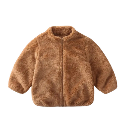 Kids' outerwear: Plush Fleece Winter Jacket with Hood, featuring elastic cuffs for a snug fit.