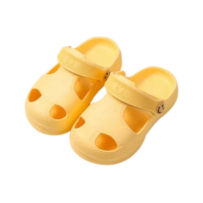 Group shot of colorful lightweight toddler sandals on a white background, suitable for summer play