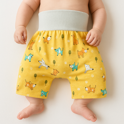 Toddler in reusable cotton potty training pants, eco-friendly design
