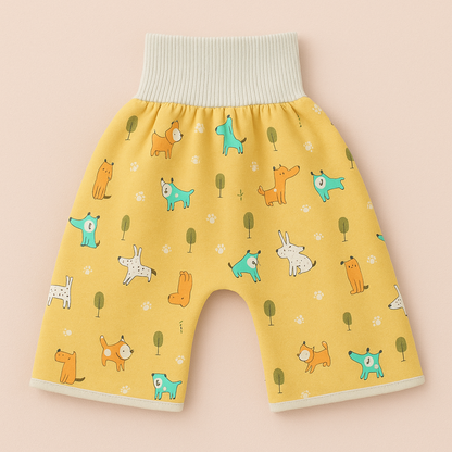 Baby stepping with confidence in reusable cotton potty training skirt