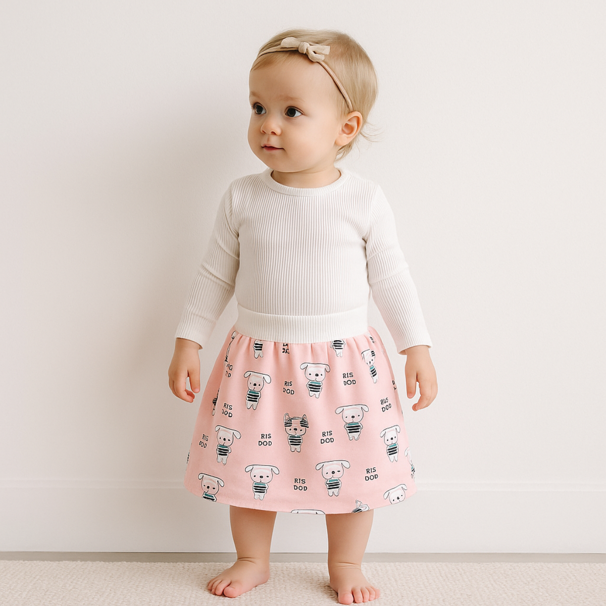 Baby in cute printed reusable potty training pants, comfortable fit