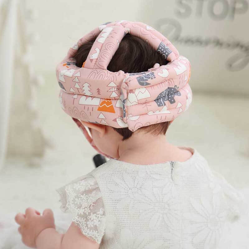 Close-up of adjustable toddler safety headguard hat, providing anti-fall protection & comfort for infants