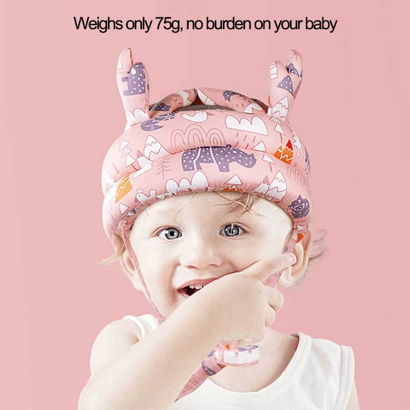 Side view of a child in a cotton safety helmet, offering anti-fall protection and peace of mind for parents