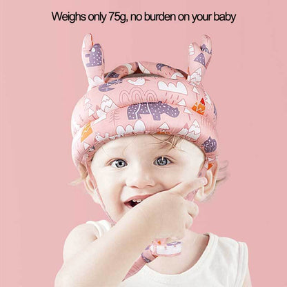 Side view of a child in a cotton safety helmet, offering anti-fall protection and peace of mind for parents