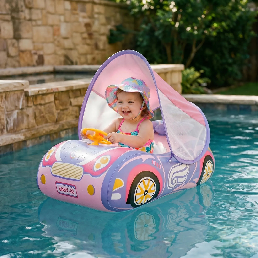 Toddler inflatable car pool float with sun shade canopy for safe summer water fun.