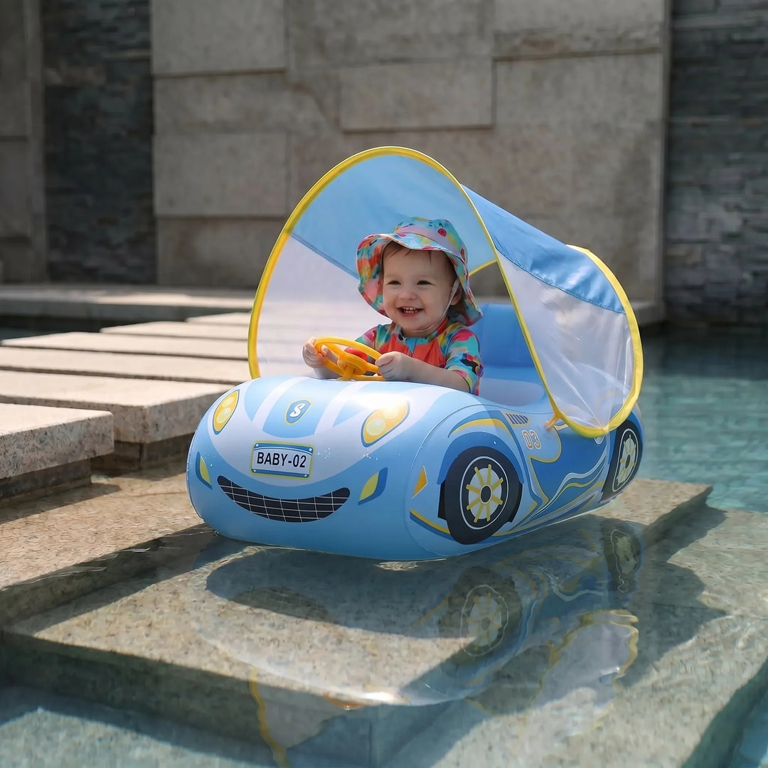 Baby car pool float with UV protective canopy, ideal infant swim ring for shaded water play.