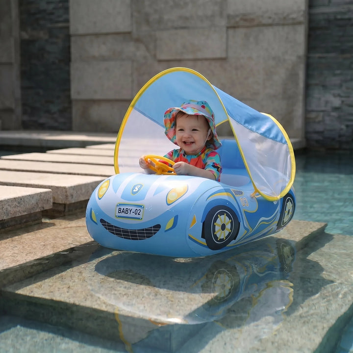 Baby car pool float with UV protective canopy, ideal infant swim ring for shaded water play.