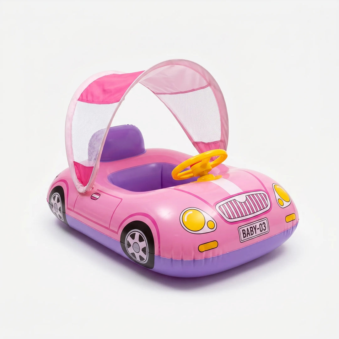 Kids inflatable car pool float, a fun water toy for toddlers with a built-in shade canopy.