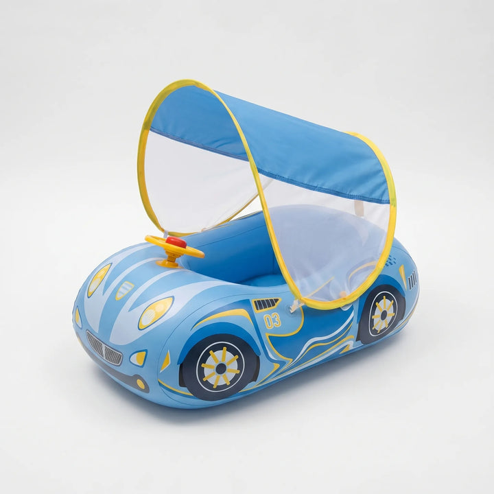 Infant pool float, cute car design with safety features and sun-blocking shade canopy.