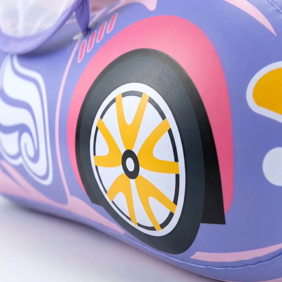 Toddler swim ring, inflatable car float for kids pool, provides shade for outdoor summer play.