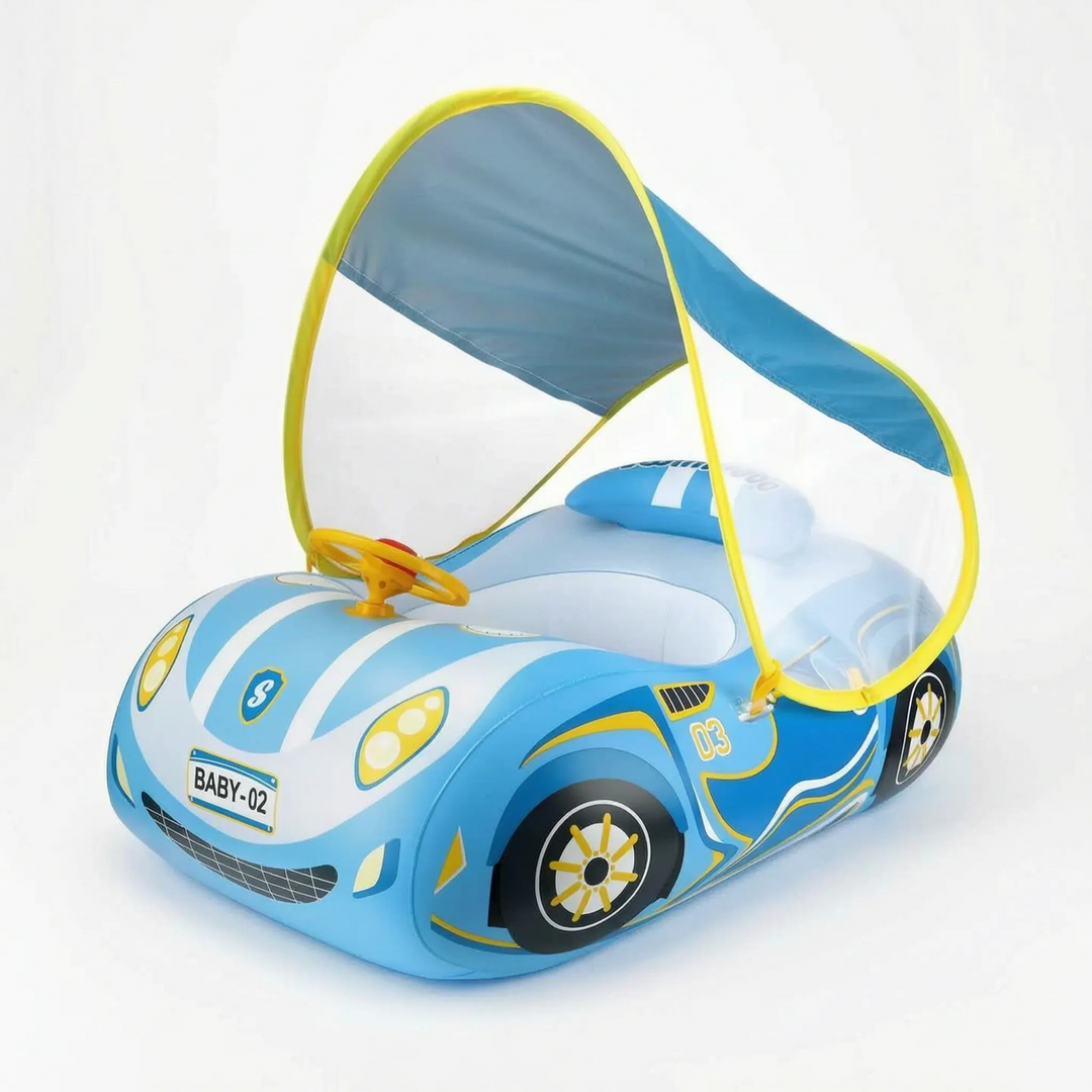 Safe infant float, car pool design with a comfortable seat & UV protection canopy for water activity.