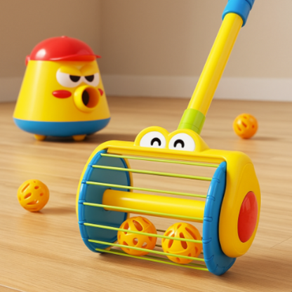 Toddler interactive cleaning play set with colorful toy broom, mop, and dustpan for kids' imaginative play.