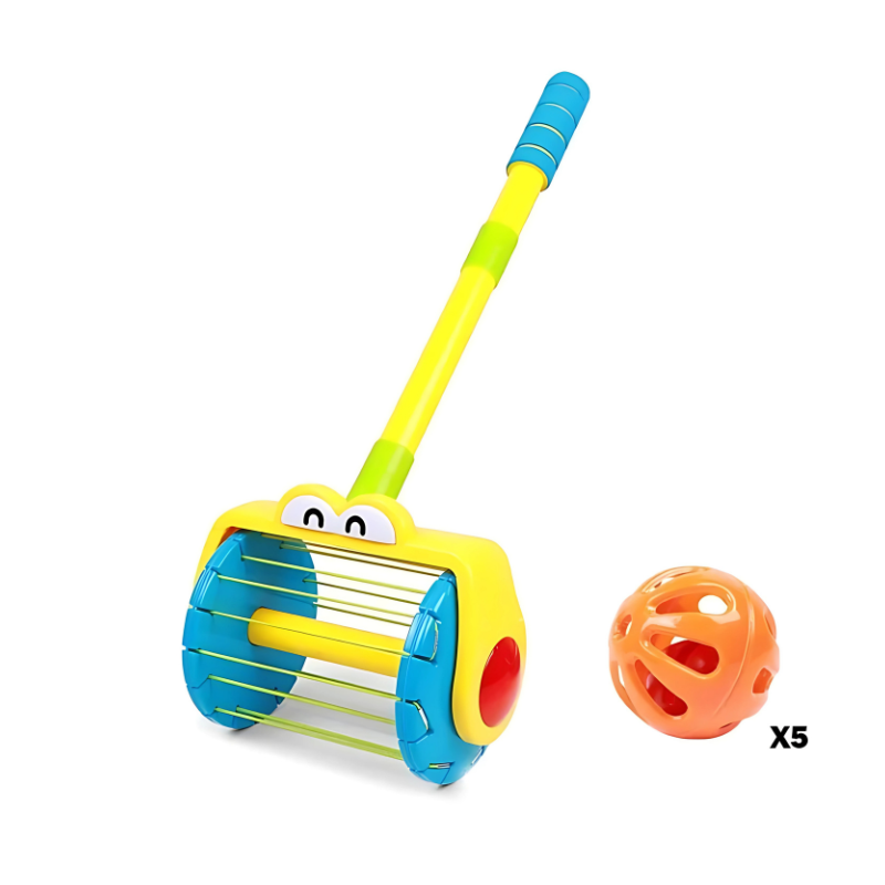 Complete toddler interactive cleaning set with stands, including a toy broom, mop, and accessories for kids' play.