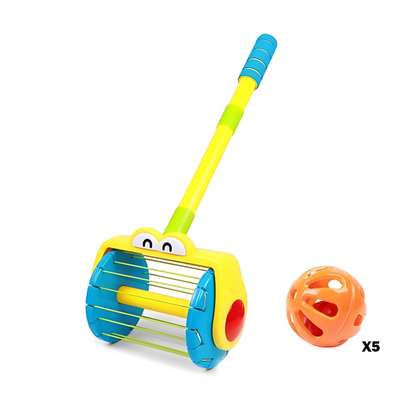Complete toddler interactive cleaning set with stands, including a toy broom, mop, and accessories for kids' play.