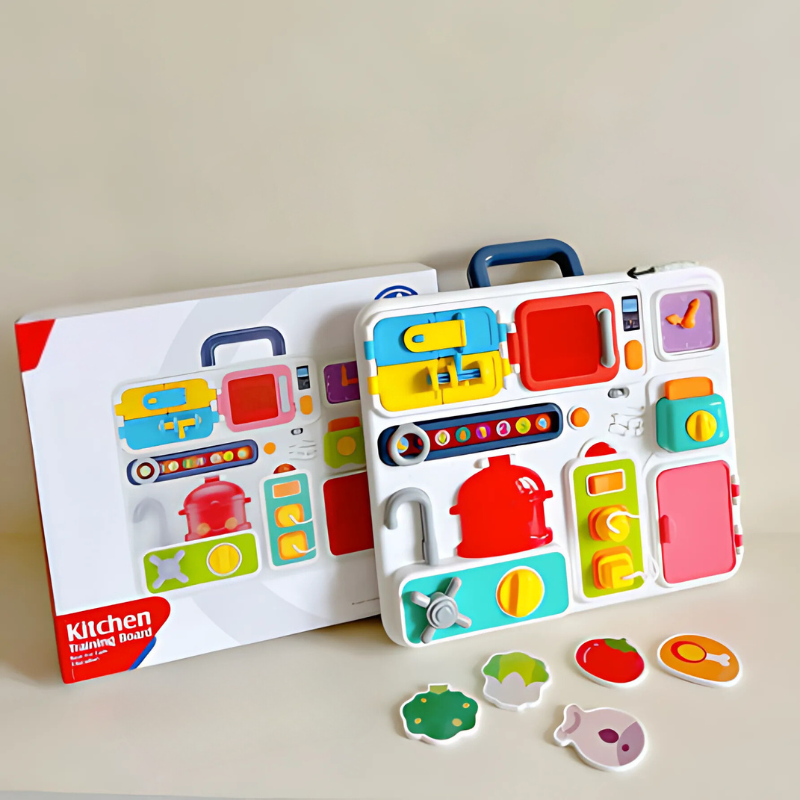 Toddler interactive skill board promoting fine motor skills & cognitive development with colorful fidget elements