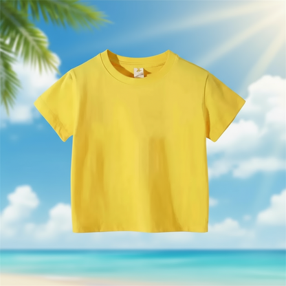 Close-up of the cotton fabric on a basic kids' short sleeve t-shirt, showing texture