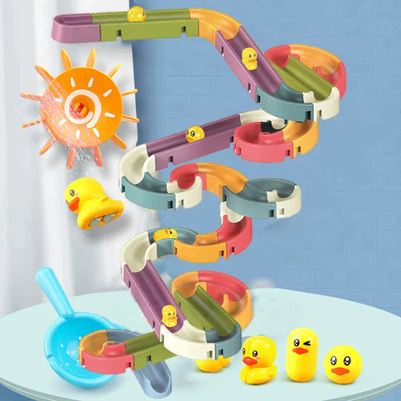 Toddler kids bath time slide toy set with yellow duck figures for water play and sensory development