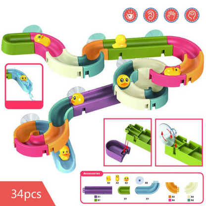 Colorful toddler bath slide toy set featuring ducks, perfect for fun water play and developmental engagement